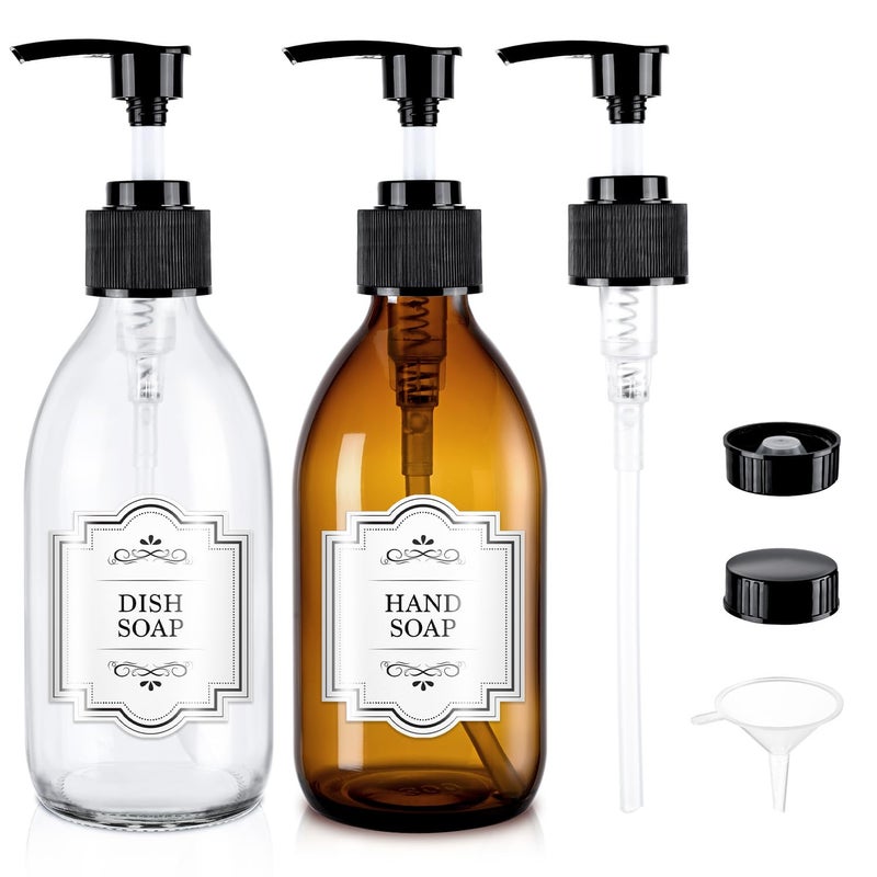 HomePicker Glass Soap Dispenser with Pump 8 oz, Homepicker Lotion Bottle with Pump for Body Oil, 250ml Hand and Dish Soap Dispensers Set with 1 Extra Pump, Black Caps, Labels - 2 Pack, Amber and Clear - Image 1